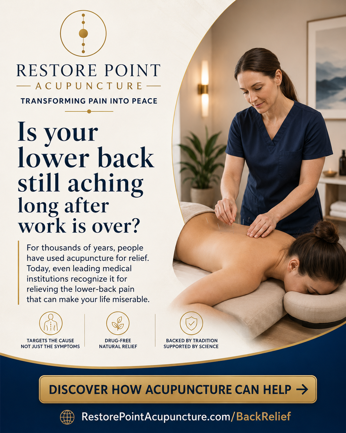 Promotional graphic example for an acupuncturist focused on persistent lower back pain