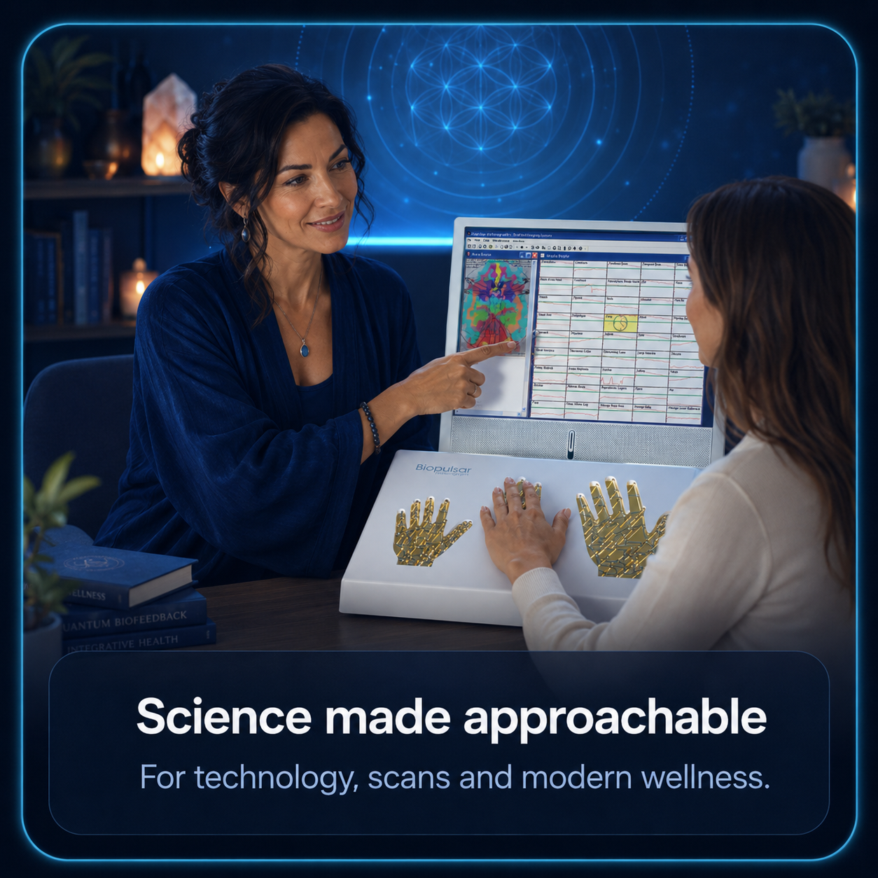 Science made approachable: a practitioner explains Biopulsar results while a client uses the technology.