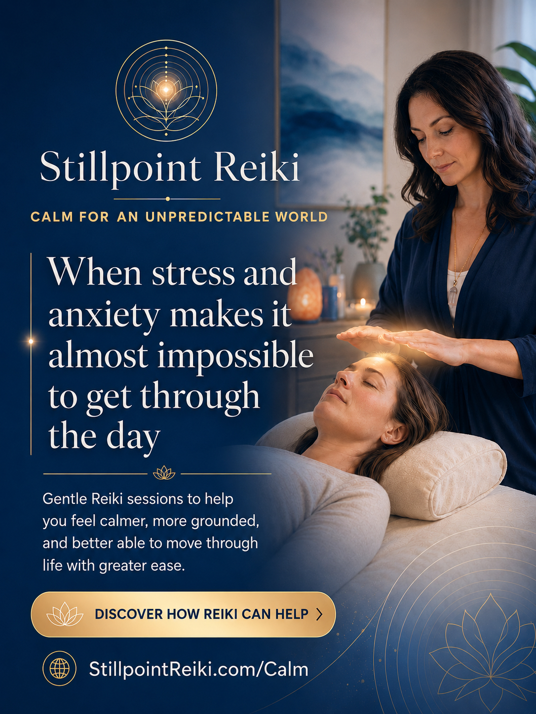 Promotional graphic example for a Reiki practitioner helping people explore relief from stress and anxiety
